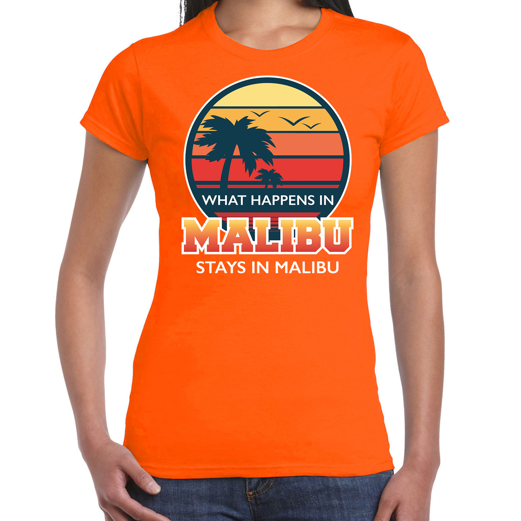 Malibu zomer t-shirt / shirt What happens in Malibu stays in Malibu oranje voor dames XS - Top Merken Winkel